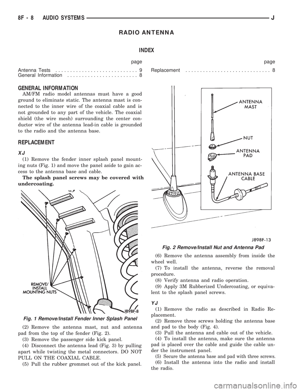 JEEP WRANGLER 1994 Owners Manual Fig. 2 Remove/Install Nut and Antenna Pad
8F - 8 AUDIO SYSTEMSJ JEEP WRANGLER 1994 Owners Manual Fig. 2 Remove/Install Nut and Antenna Pad
8F - 8 AUDIO SYSTEMSJ