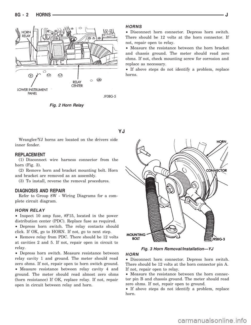 JEEP WRANGLER 1994 Owners Manual Fig. 3 Horn Removal/InstallationÐYJ
8G - 2 HORNSJ JEEP WRANGLER 1994 Owners Manual Fig. 3 Horn Removal/InstallationÐYJ
8G - 2 HORNSJ