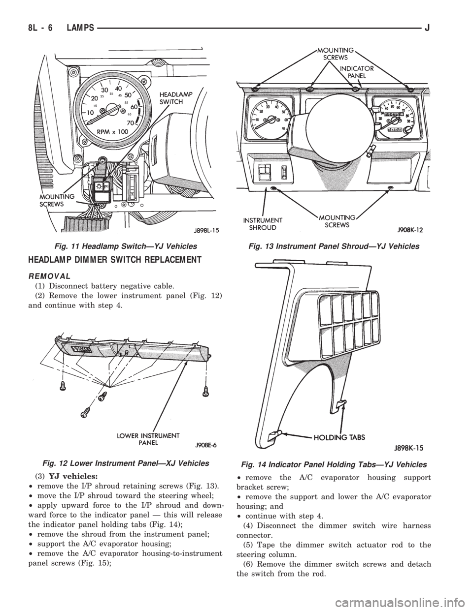 JEEP WRANGLER 1994 Owners Manual Fig. 12 Lower Instrument PanelÐXJ Vehicles
Fig. 13 Instrument Panel ShroudÐYJ Vehicles
Fig. 14 Indicator Panel Holding TabsÐYJ Vehicles
8L - 6 LAMPSJ JEEP WRANGLER 1994 Owners Manual Fig. 12 Lower Instrument PanelÐXJ Vehicles
Fig. 13 Instrument Panel ShroudÐYJ Vehicles
Fig. 14 Indicator Panel Holding TabsÐYJ Vehicles
8L - 6 LAMPSJ