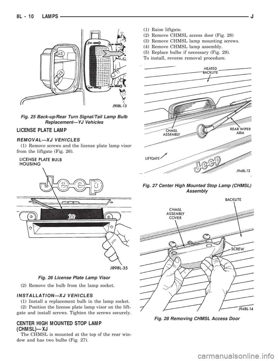 JEEP WRANGLER 1994 Owners Manual Fig. 26 License Plate Lamp Visor
Fig. 27 Center High Mounted Stop Lamp (CHMSL)
Assembly
Fig. 28 Removing CHMSL Access Door
8L - 10 LAMPSJ JEEP WRANGLER 1994 Owners Manual Fig. 26 License Plate Lamp Visor
Fig. 27 Center High Mounted Stop Lamp (CHMSL)
Assembly
Fig. 28 Removing CHMSL Access Door
8L - 10 LAMPSJ