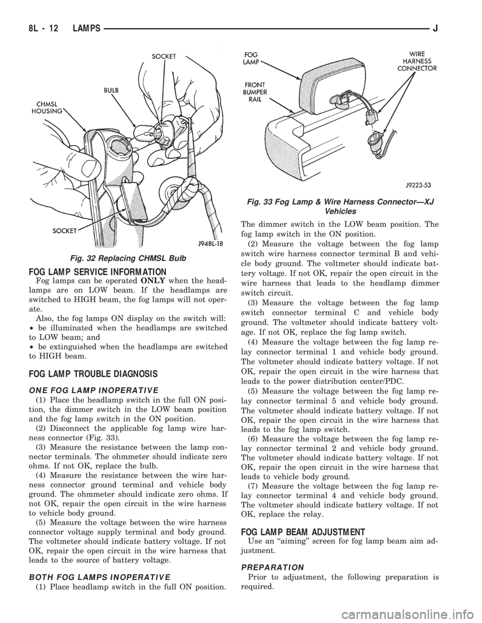 JEEP WRANGLER 1994 Owners Manual Fig. 33 Fog Lamp & Wire Harness ConnectorÐXJ
Vehicles
8L - 12 LAMPSJ JEEP WRANGLER 1994 Owners Manual Fig. 33 Fog Lamp & Wire Harness ConnectorÐXJ
Vehicles
8L - 12 LAMPSJ