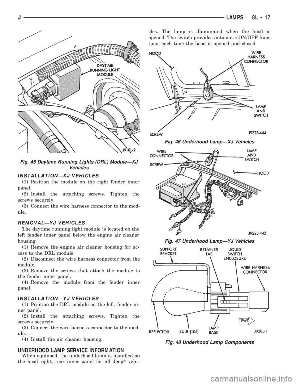 JEEP WRANGLER 1994 Owners Manual Fig. 46 Underhood LampÐXJ Vehicles
Fig. 47 Underhood LampÐYJ Vehicles
Fig. 48 Underhood Lamp Components
JLAMPS 8L - 17 JEEP WRANGLER 1994 Owners Manual Fig. 46 Underhood LampÐXJ Vehicles
Fig. 47 Underhood LampÐYJ Vehicles
Fig. 48 Underhood Lamp Components
JLAMPS 8L - 17