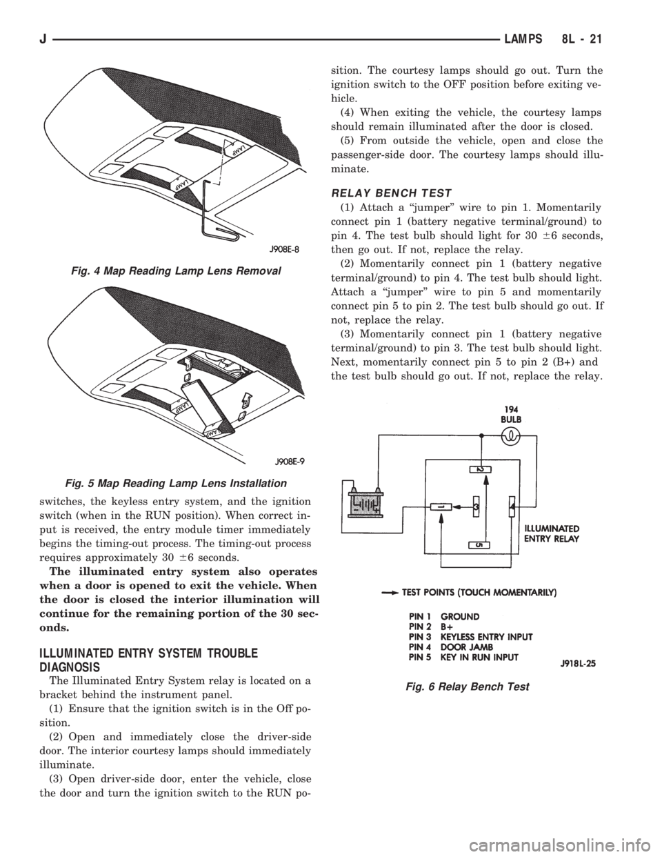 JEEP WRANGLER 1994 Owners Manual Fig. 5 Map Reading Lamp Lens Installation
Fig. 6 Relay Bench Test
JLAMPS 8L - 21 JEEP WRANGLER 1994 Owners Manual Fig. 5 Map Reading Lamp Lens Installation
Fig. 6 Relay Bench Test
JLAMPS 8L - 21