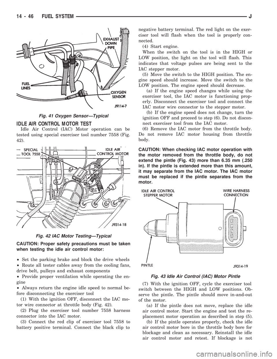 JEEP WRANGLER 1994 Owners Manual IDLE AIR CONTROL MOTOR TEST
Idle Air Control (IAC) Motor operation can be
tested using special exerciser tool number 7558 (Fig.
42).
CAUTION: Proper safety precautions must be taken
when testing the i JEEP WRANGLER 1994 Owners Manual IDLE AIR CONTROL MOTOR TEST
Idle Air Control (IAC) Motor operation can be
tested using special exerciser tool number 7558 (Fig.
42).
CAUTION: Proper safety precautions must be taken
when testing the i