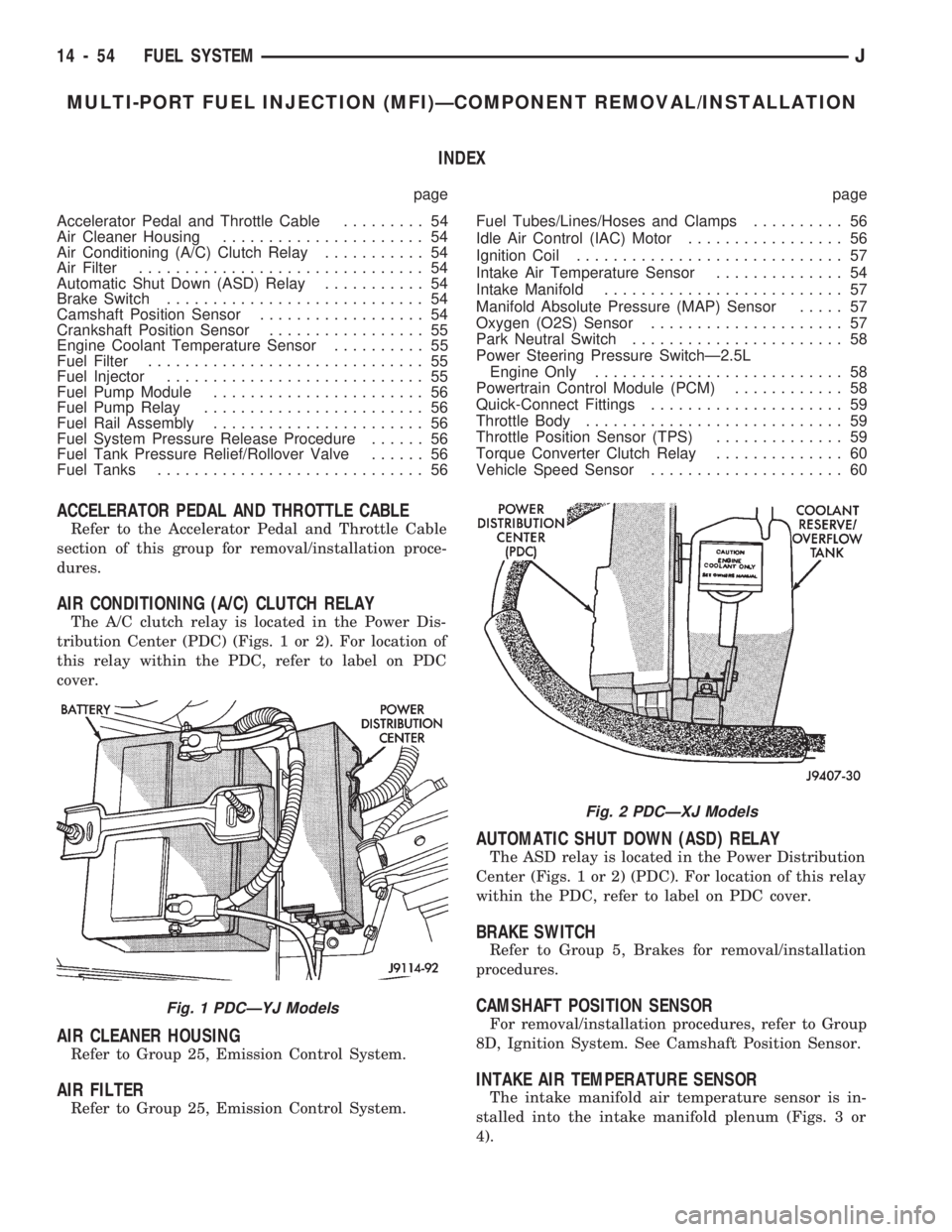 JEEP WRANGLER 1994  Owners Manual MULTI-PORT FUEL INJECTION (MFI)ÐCOMPONENT REMOVAL/INSTALLATION
INDEX
page page
Accelerator Pedal and Throttle Cable......... 54
Air Cleaner Housing...................... 54
Air Conditioning (A/C) Clu