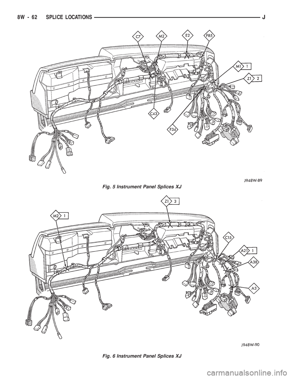 JEEP WRANGLER 1994 Owners Manual Fig. 6 Instrument Panel Splices XJ
8W - 62 SPLICE LOCATIONSJ JEEP WRANGLER 1994 Owners Manual Fig. 6 Instrument Panel Splices XJ
8W - 62 SPLICE LOCATIONSJ