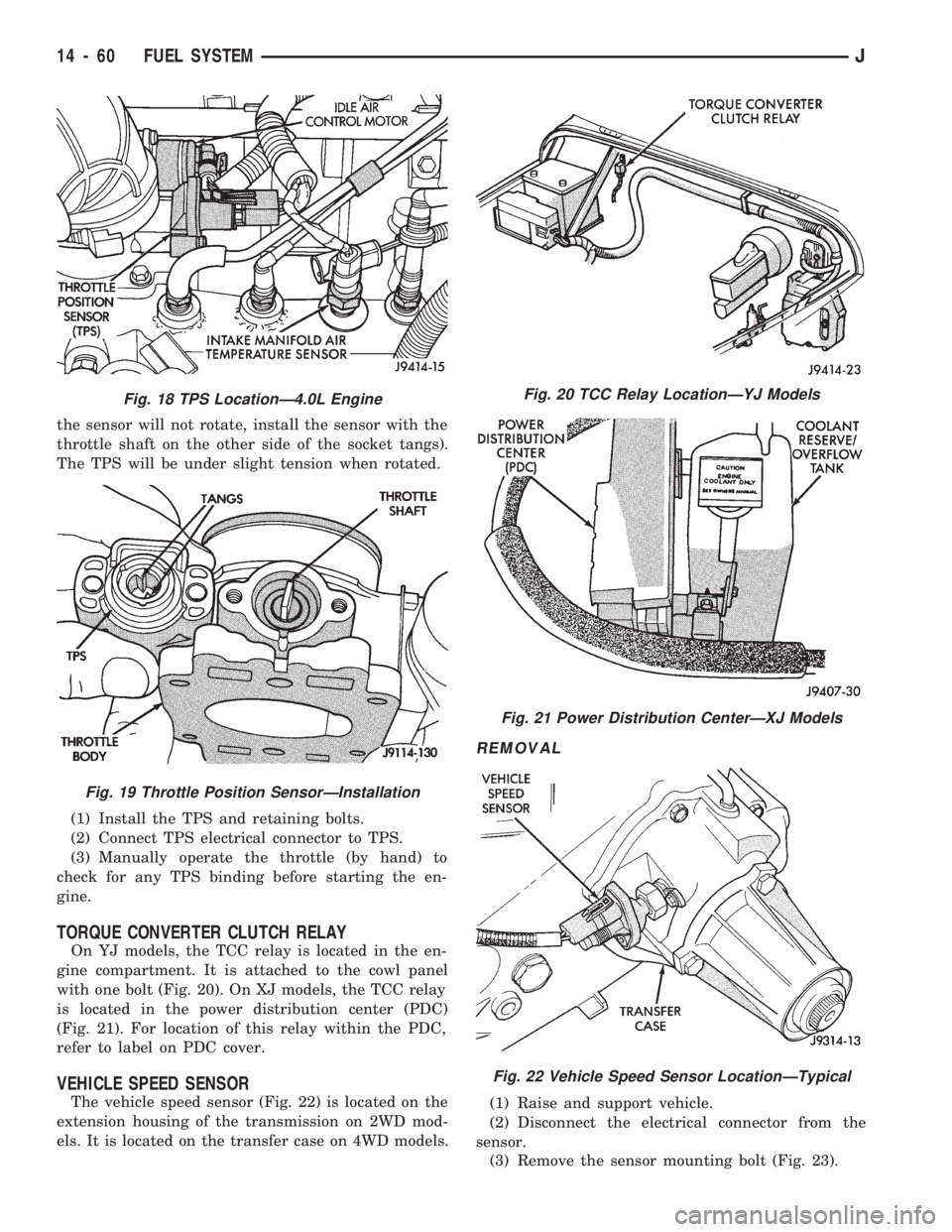 JEEP WRANGLER 1994 Owners Manual the sensor will not rotate, install the sensor with the
throttle shaft on the other side of the socket tangs).
The TPS will be under slight tension when rotated.
(1) Install the TPS and retaining bolt JEEP WRANGLER 1994 Owners Manual the sensor will not rotate, install the sensor with the
throttle shaft on the other side of the socket tangs).
The TPS will be under slight tension when rotated.
(1) Install the TPS and retaining bolt