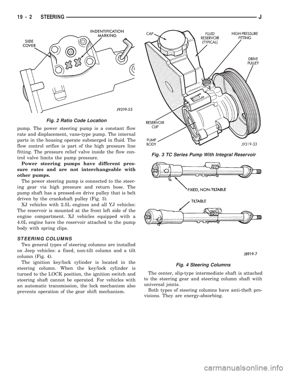 JEEP WRANGLER 1994 Owners Manual Fig. 4 Steering Columns
Fig. 2 Ratio Code Location
19 - 2 STEERINGJ JEEP WRANGLER 1994 Owners Manual Fig. 4 Steering Columns
Fig. 2 Ratio Code Location
19 - 2 STEERINGJ