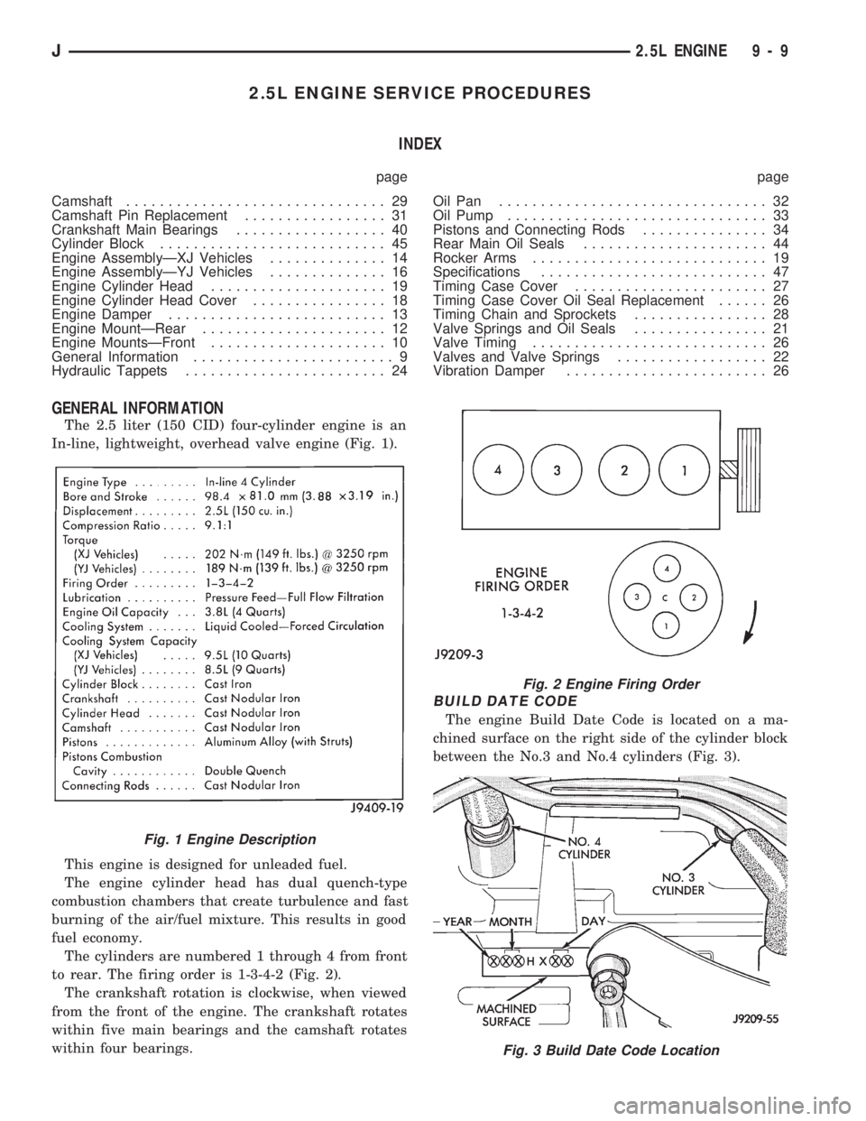 JEEP WRANGLER 1994 Owners Manual Fig. 2 Engine Firing Order
Fig. 3 Build Date Code Location
J2.5L ENGINE 9 - 9 JEEP WRANGLER 1994 Owners Manual Fig. 2 Engine Firing Order
Fig. 3 Build Date Code Location
J2.5L ENGINE 9 - 9