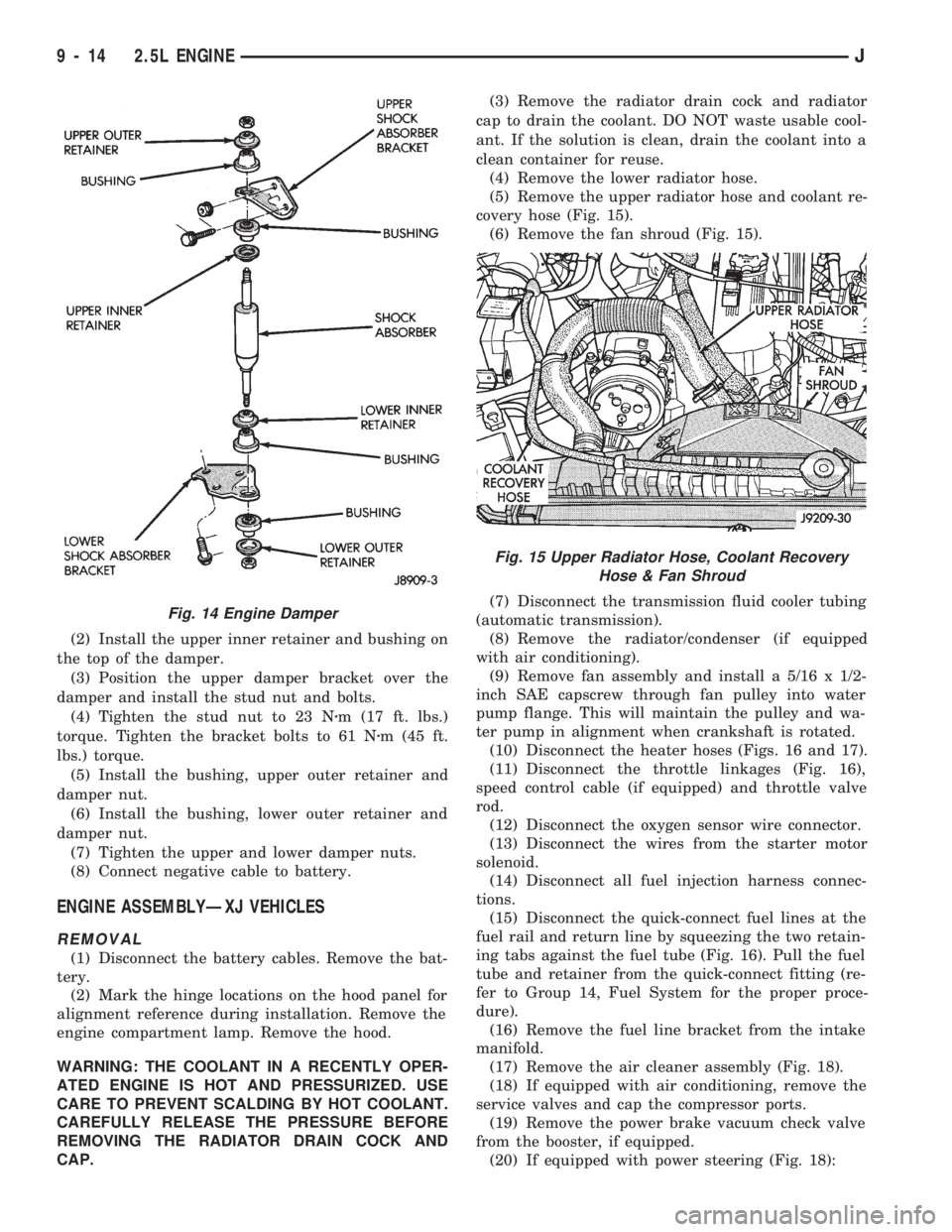 JEEP WRANGLER 1994 Owners Manual Fig. 15 Upper Radiator Hose, Coolant Recovery
Hose & Fan Shroud
9 - 14 2.5L ENGINEJ JEEP WRANGLER 1994 Owners Manual Fig. 15 Upper Radiator Hose, Coolant Recovery
Hose & Fan Shroud
9 - 14 2.5L ENGINEJ