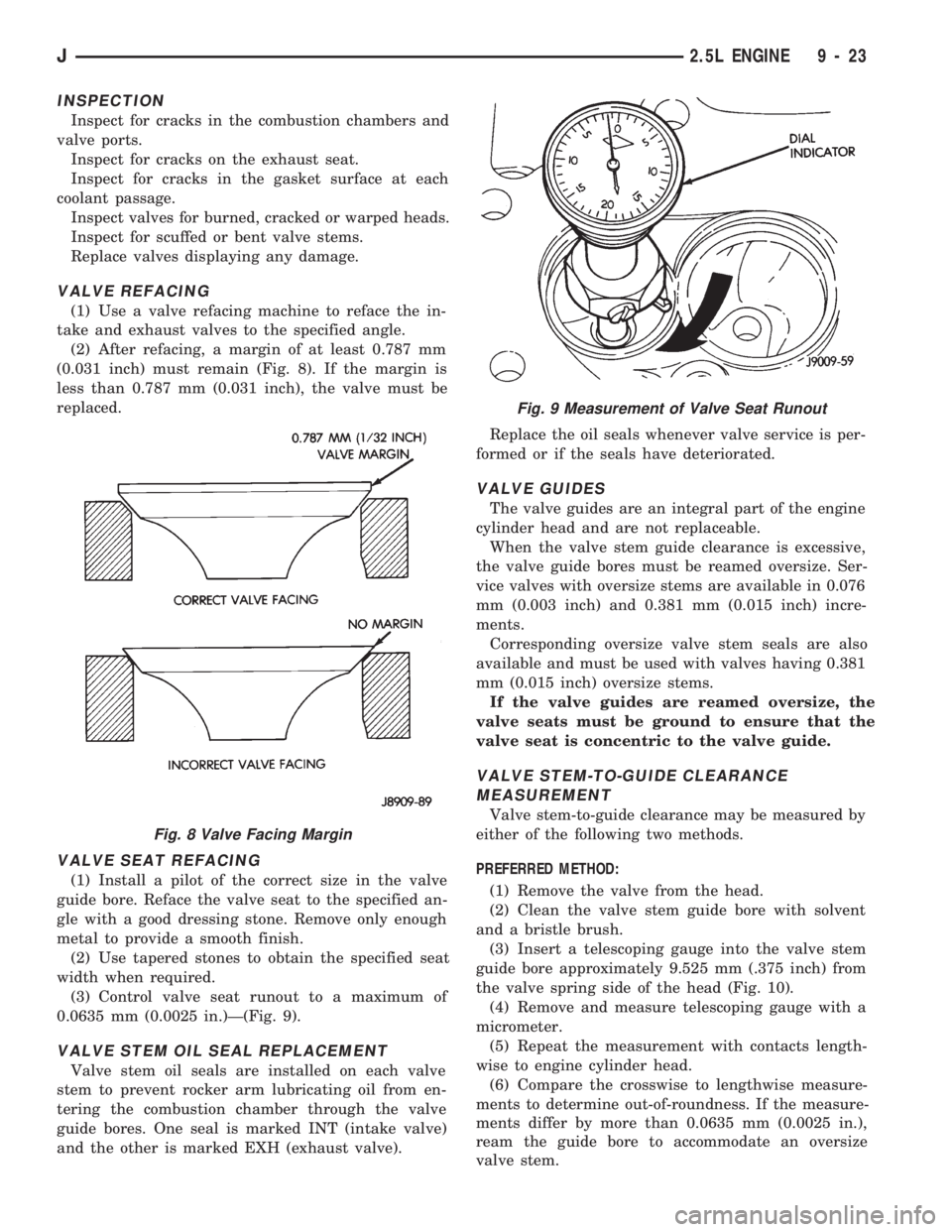 JEEP WRANGLER 1994 Owners Manual Fig. 9 Measurement of Valve Seat Runout
J2.5L ENGINE 9 - 23 JEEP WRANGLER 1994 Owners Manual Fig. 9 Measurement of Valve Seat Runout
J2.5L ENGINE 9 - 23