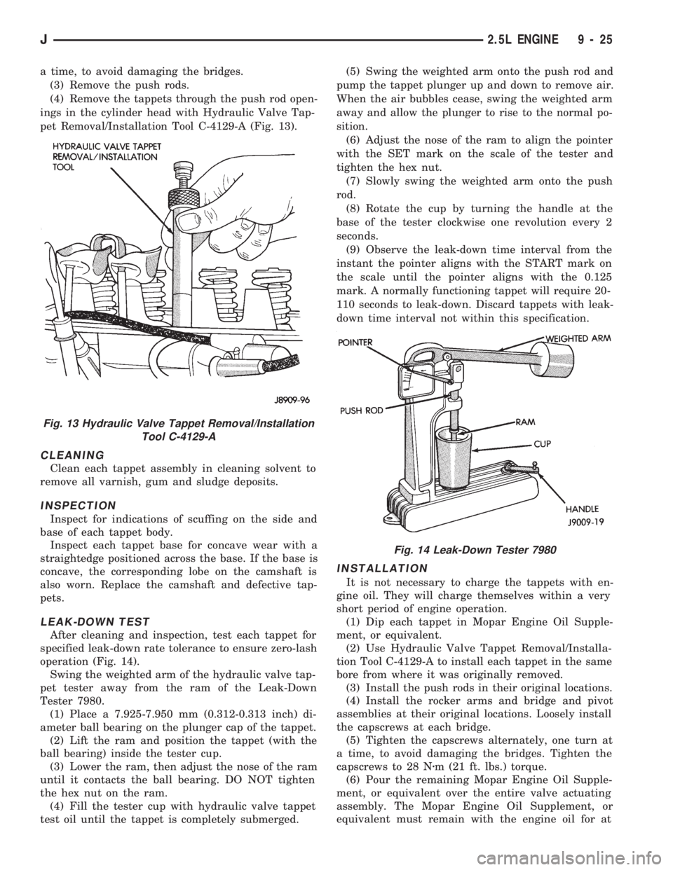 JEEP WRANGLER 1994 Owners Manual Fig. 14 Leak-Down Tester 7980
J2.5L ENGINE 9 - 25 JEEP WRANGLER 1994 Owners Manual Fig. 14 Leak-Down Tester 7980
J2.5L ENGINE 9 - 25