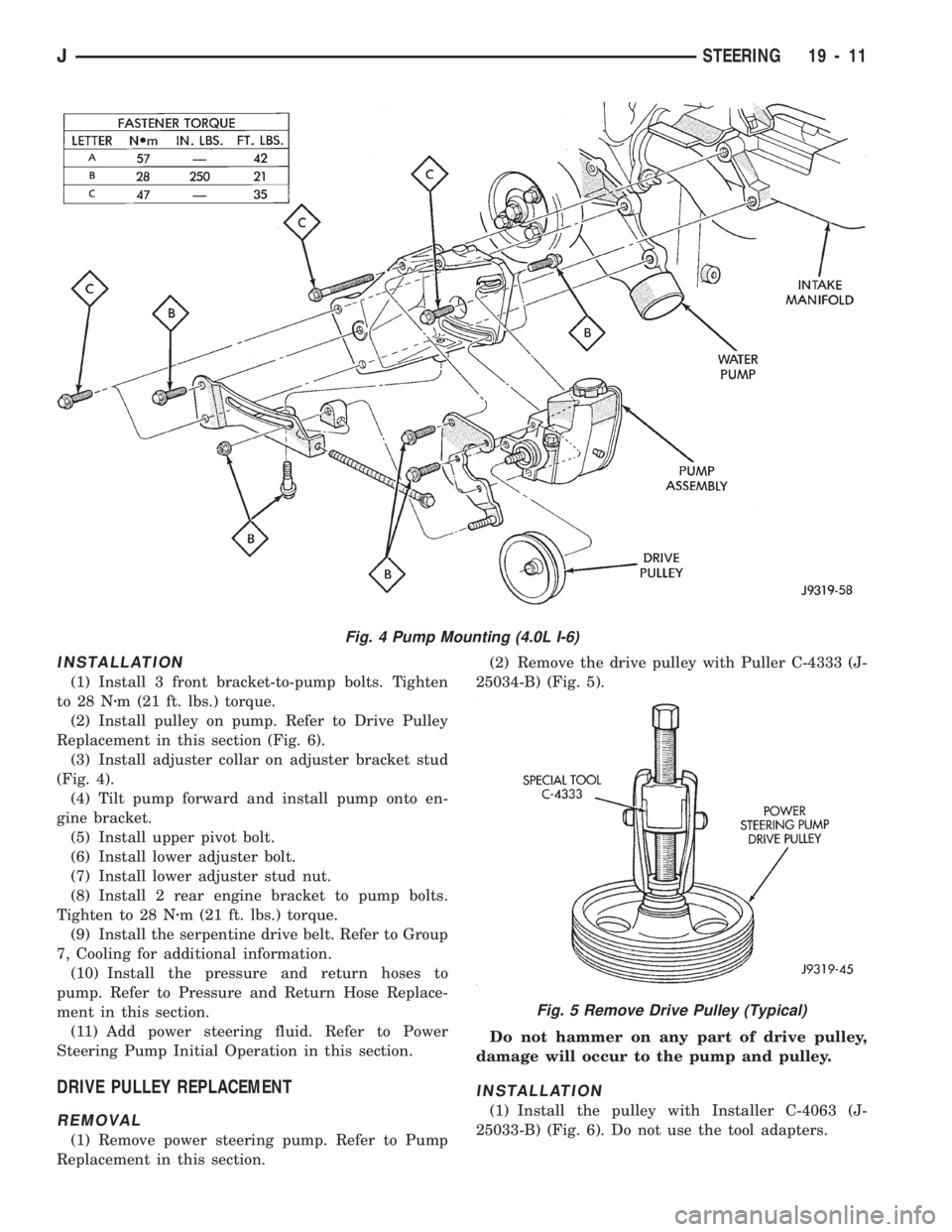 JEEP WRANGLER 1994 Owners Manual Fig. 5 Remove Drive Pulley (Typical)
JSTEERING 19 - 11 JEEP WRANGLER 1994 Owners Manual Fig. 5 Remove Drive Pulley (Typical)
JSTEERING 19 - 11