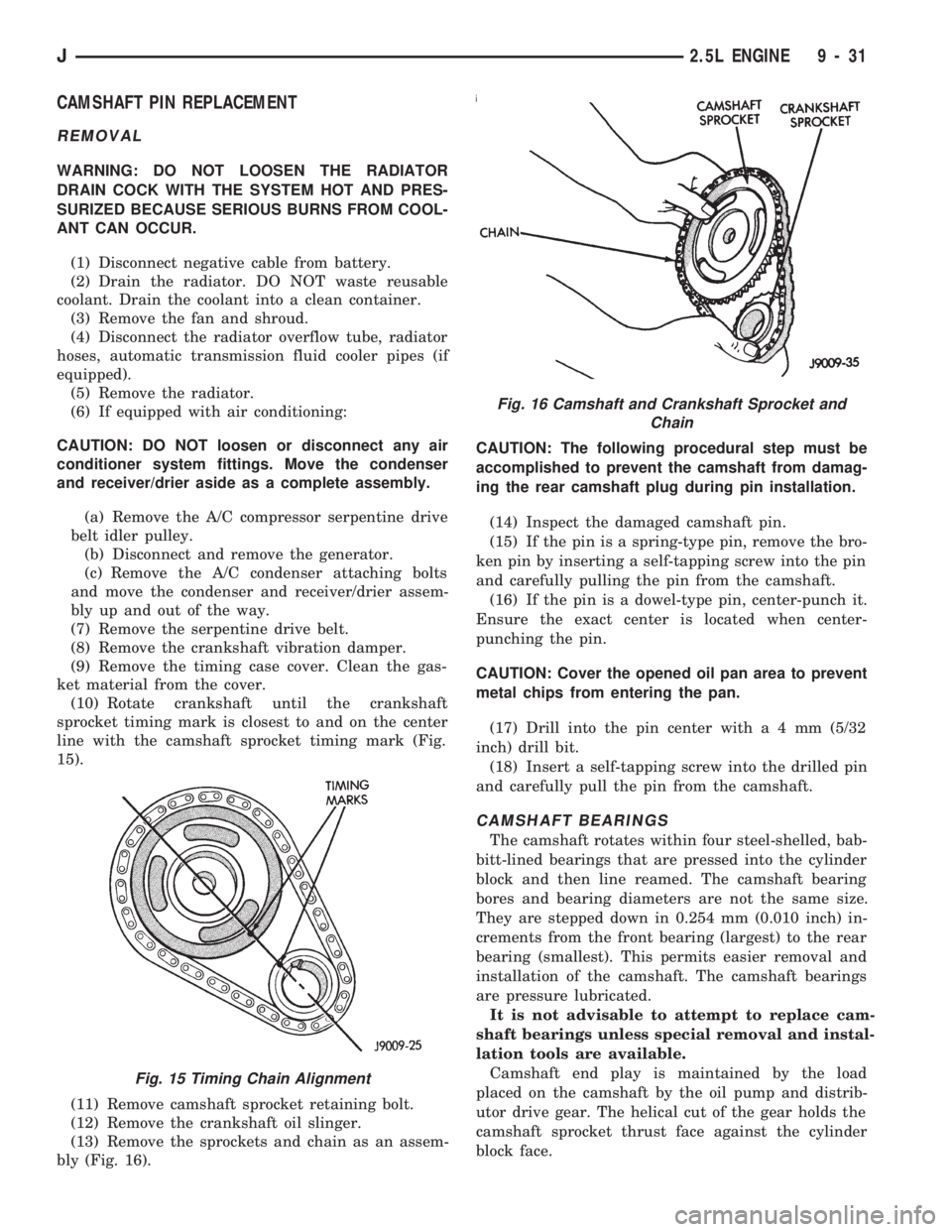 JEEP WRANGLER 1994  Owners Manual Fig. 16 Camshaft and Crankshaft Sprocket and
Chain
J2.5L ENGINE 9 - 31 