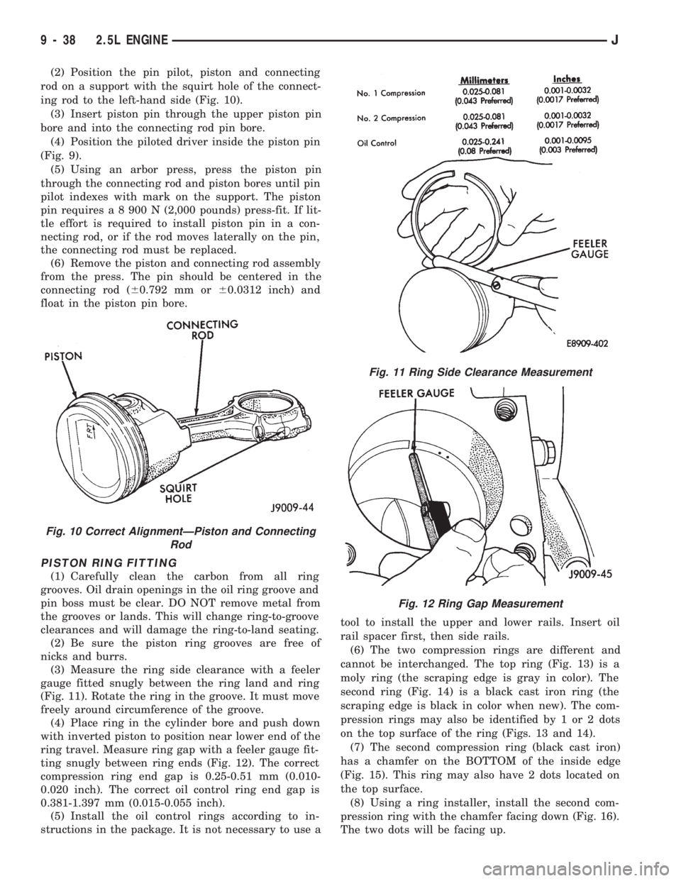 JEEP WRANGLER 1994  Owners Manual Fig. 11 Ring Side Clearance Measurement
Fig. 12 Ring Gap Measurement
9 - 38 2.5L ENGINEJ 