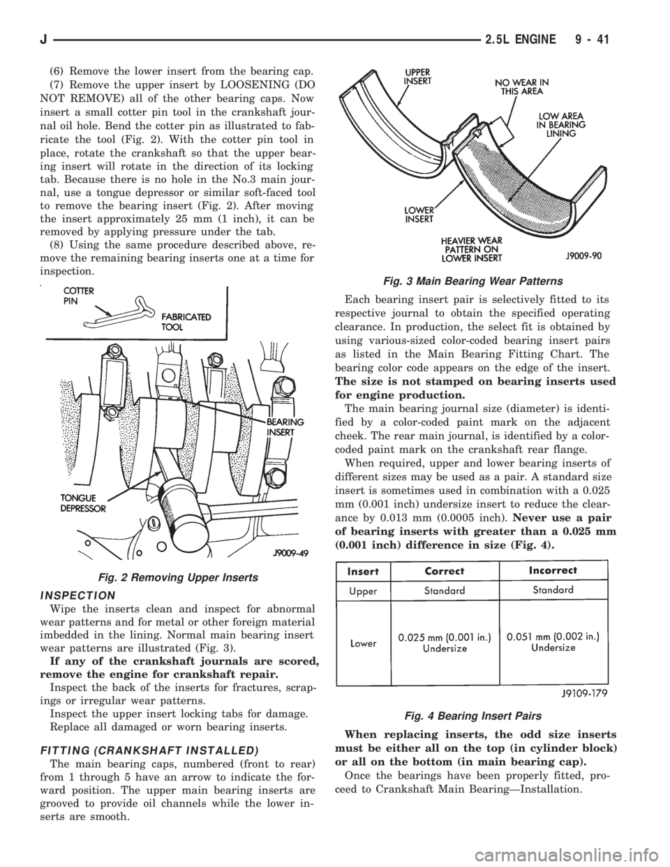 JEEP WRANGLER 1994  Owners Manual Fig. 3 Main Bearing Wear Patterns
Fig. 4 Bearing Insert Pairs
J2.5L ENGINE 9 - 41 