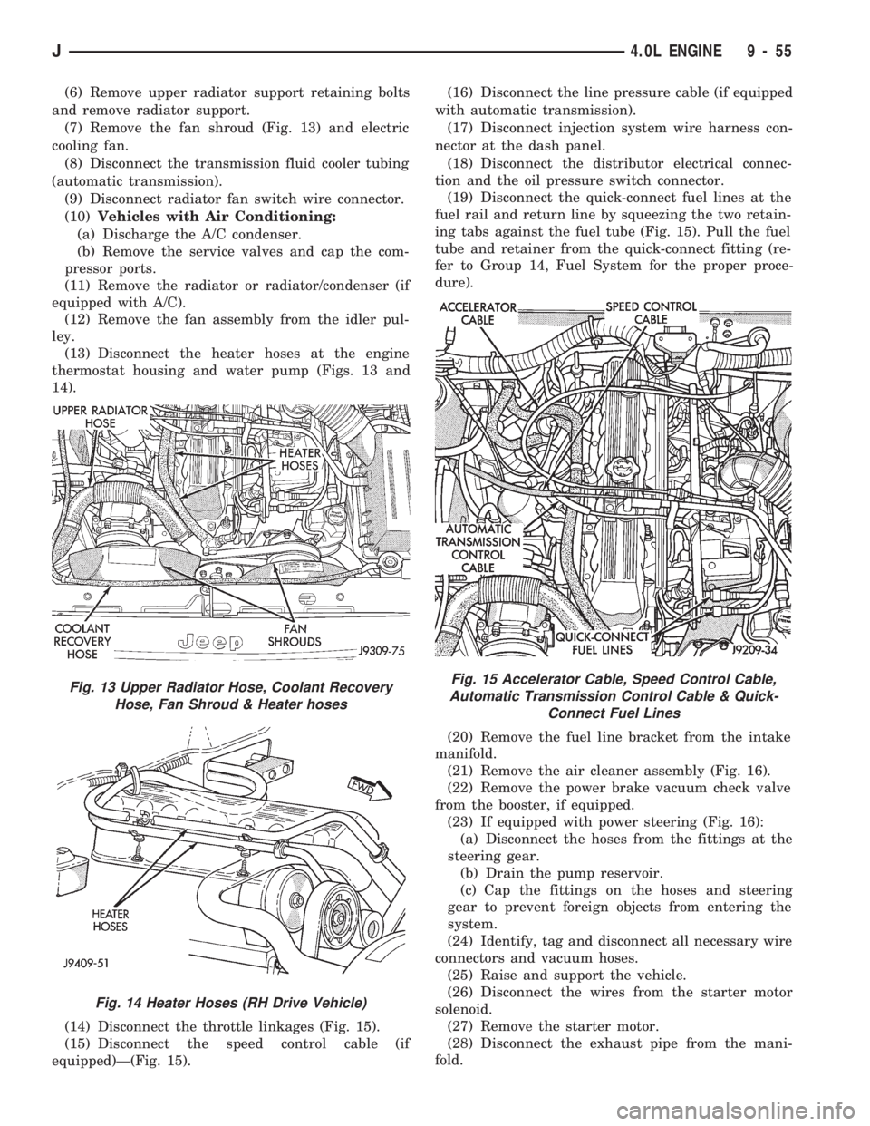 JEEP WRANGLER 1994  Owners Manual Fig. 14 Heater Hoses (RH Drive Vehicle)
Fig. 15 Accelerator Cable, Speed Control Cable,
Automatic Transmission Control Cable & Quick-
Connect Fuel Lines
J4.0L ENGINE 9 - 55 