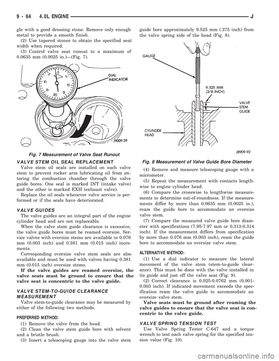 JEEP WRANGLER 1994 Owners Manual Fig. 8 Measurement of Valve Guide Bore Diameter
9 - 64 4.0L ENGINEJ JEEP WRANGLER 1994 Owners Manual Fig. 8 Measurement of Valve Guide Bore Diameter
9 - 64 4.0L ENGINEJ