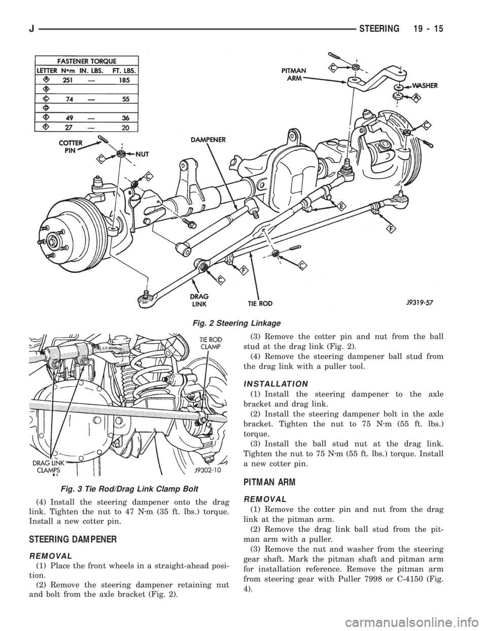 JEEP WRANGLER 1994 Owners Manual Fig. 3 Tie Rod/Drag Link Clamp Bolt
JSTEERING 19 - 15 JEEP WRANGLER 1994 Owners Manual Fig. 3 Tie Rod/Drag Link Clamp Bolt
JSTEERING 19 - 15