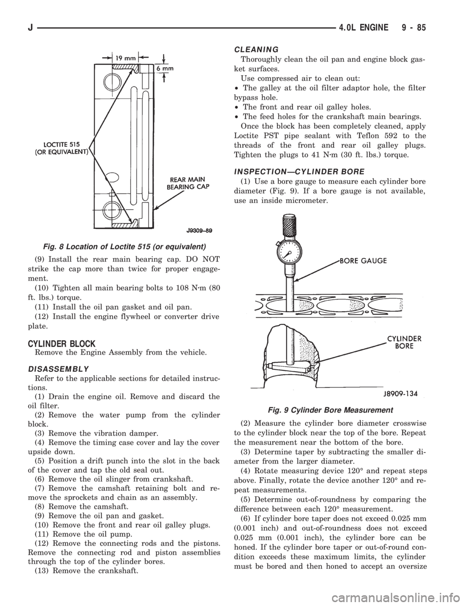 JEEP WRANGLER 1994  Owners Manual Fig. 9 Cylinder Bore Measurement
J4.0L ENGINE 9 - 85 