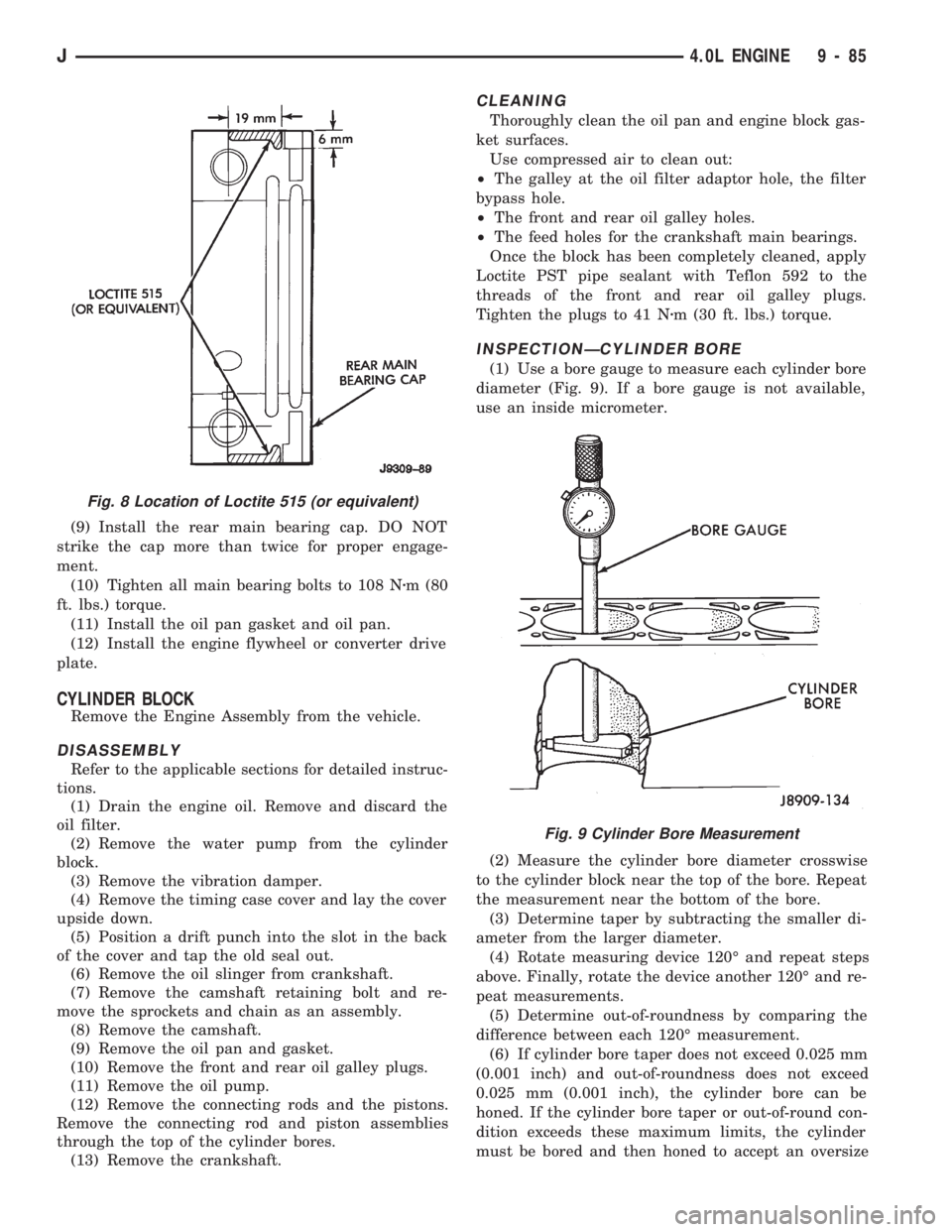 JEEP WRANGLER 1994  Owners Manual Fig. 9 Cylinder Bore Measurement
J4.0L ENGINE 9 - 85 