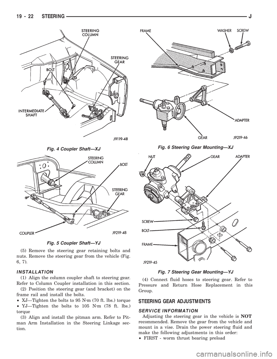 JEEP WRANGLER 1994 Owners Manual Fig. 7 Steering Gear MountingÐYJ
Fig. 4 Coupler ShaftÐXJ
Fig. 5 Coupler ShaftÐYJ
19 - 22 STEERINGJ JEEP WRANGLER 1994 Owners Manual Fig. 7 Steering Gear MountingÐYJ
Fig. 4 Coupler ShaftÐXJ
Fig. 5 Coupler ShaftÐYJ
19 - 22 STEERINGJ