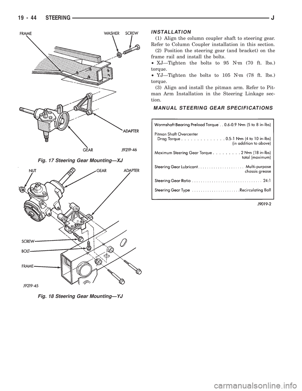 JEEP WRANGLER 1994 Owners Manual Fig. 18 Steering Gear MountingÐYJ
MANUAL STEERING GEAR SPECIFICATIONS JEEP WRANGLER 1994 Owners Manual Fig. 18 Steering Gear MountingÐYJ
MANUAL STEERING GEAR SPECIFICATIONS