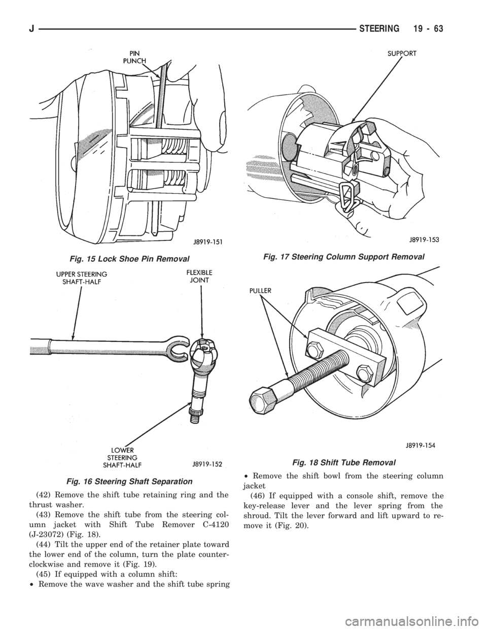 JEEP WRANGLER 1994 Owners Manual Fig. 16 Steering Shaft Separation
Fig. 17 Steering Column Support Removal
Fig. 18 Shift Tube Removal
JSTEERING 19 - 63 JEEP WRANGLER 1994 Owners Manual Fig. 16 Steering Shaft Separation
Fig. 17 Steering Column Support Removal
Fig. 18 Shift Tube Removal
JSTEERING 19 - 63