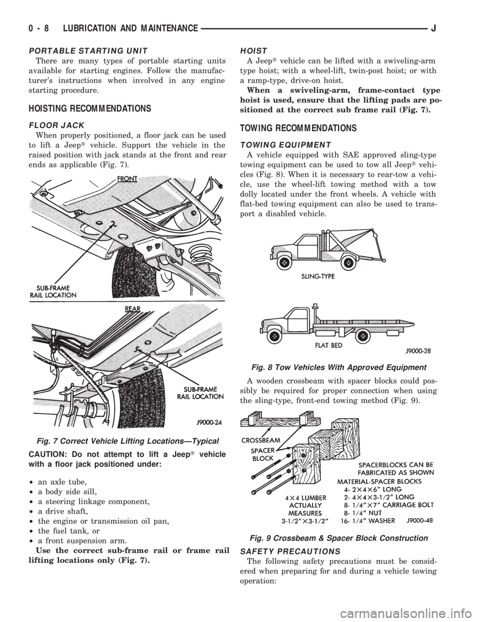 JEEP WRANGLER 1994 Owners Manual Fig. 8 Tow Vehicles With Approved Equipment
Fig. 9 Crossbeam & Spacer Block Construction
0 - 8 LUBRICATION AND MAINTENANCEJ 