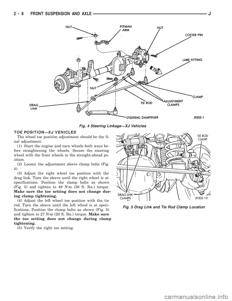 JEEP WRANGLER 1994 Owners Manual Fig. 5 Drag Link and Tie Rod Clamp Location
2 - 8 FRONT SUSPENSION AND AXLEJ JEEP WRANGLER 1994 Owners Manual Fig. 5 Drag Link and Tie Rod Clamp Location
2 - 8 FRONT SUSPENSION AND AXLEJ