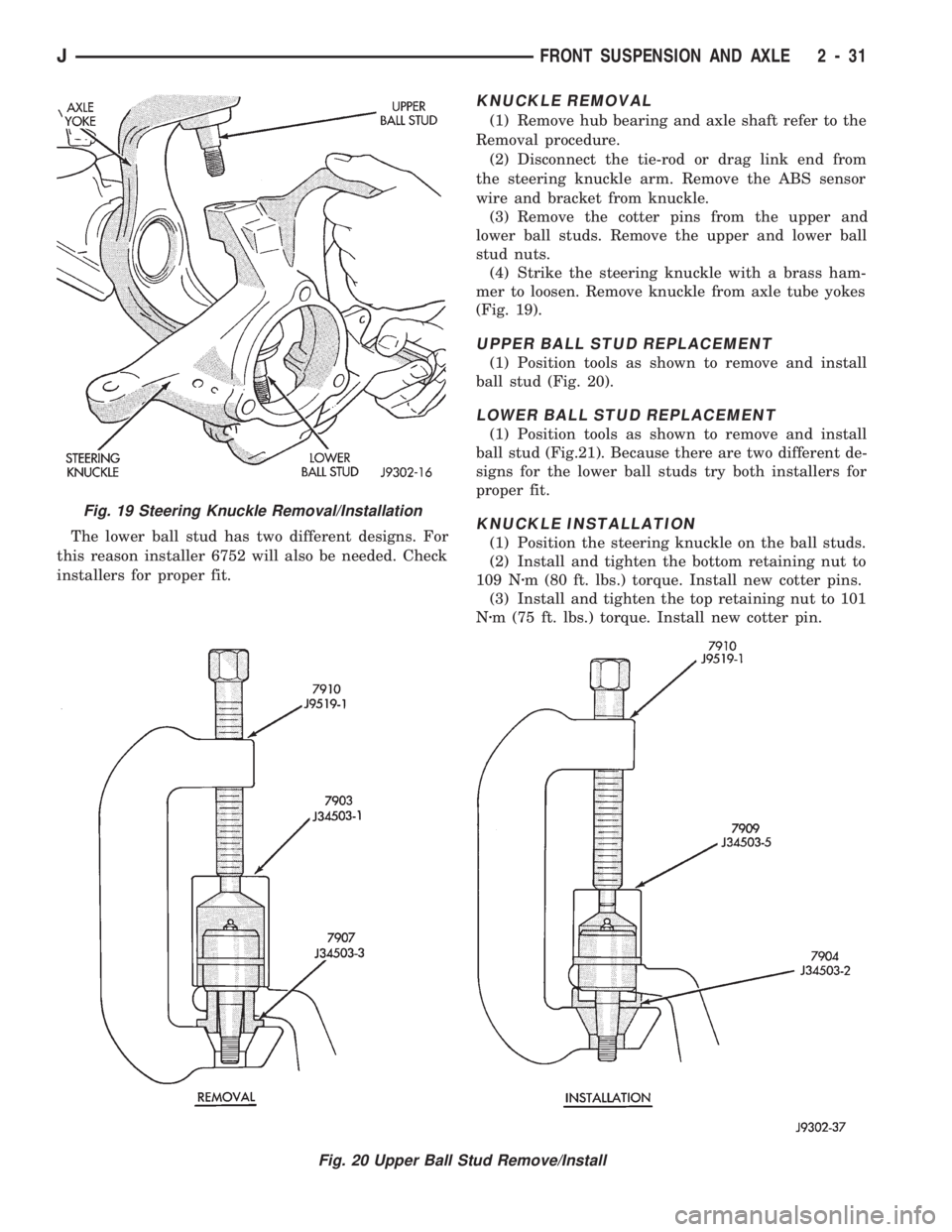 JEEP WRANGLER 1994 Owners Manual Fig. 20 Upper Ball Stud Remove/Install
JFRONT SUSPENSION AND AXLE 2 - 31 JEEP WRANGLER 1994 Owners Manual Fig. 20 Upper Ball Stud Remove/Install
JFRONT SUSPENSION AND AXLE 2 - 31
