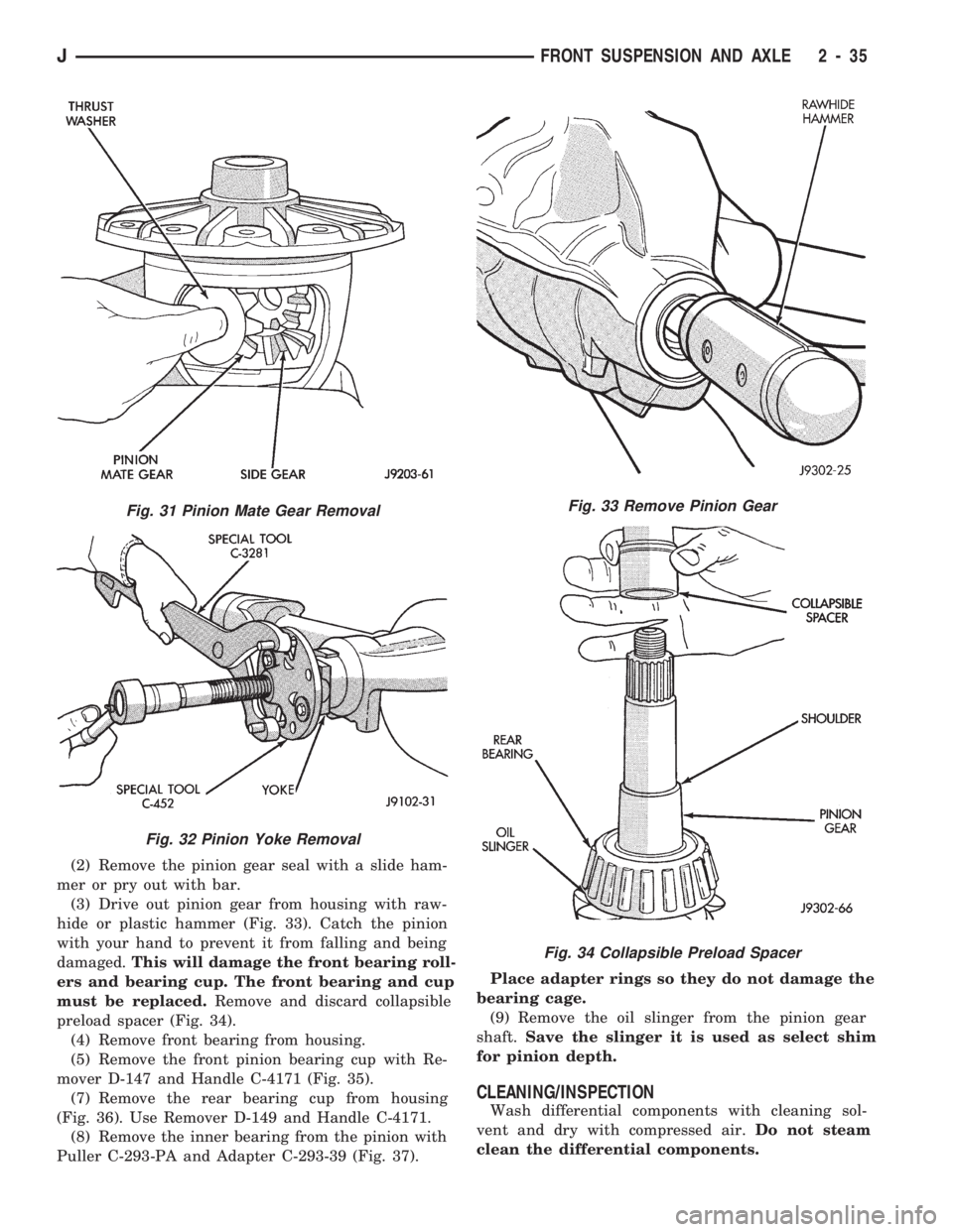 JEEP WRANGLER 1994 Owners Manual Fig. 32 Pinion Yoke Removal
Fig. 33 Remove Pinion Gear
Fig. 34 Collapsible Preload Spacer
JFRONT SUSPENSION AND AXLE 2 - 35 JEEP WRANGLER 1994 Owners Manual Fig. 32 Pinion Yoke Removal
Fig. 33 Remove Pinion Gear
Fig. 34 Collapsible Preload Spacer
JFRONT SUSPENSION AND AXLE 2 - 35