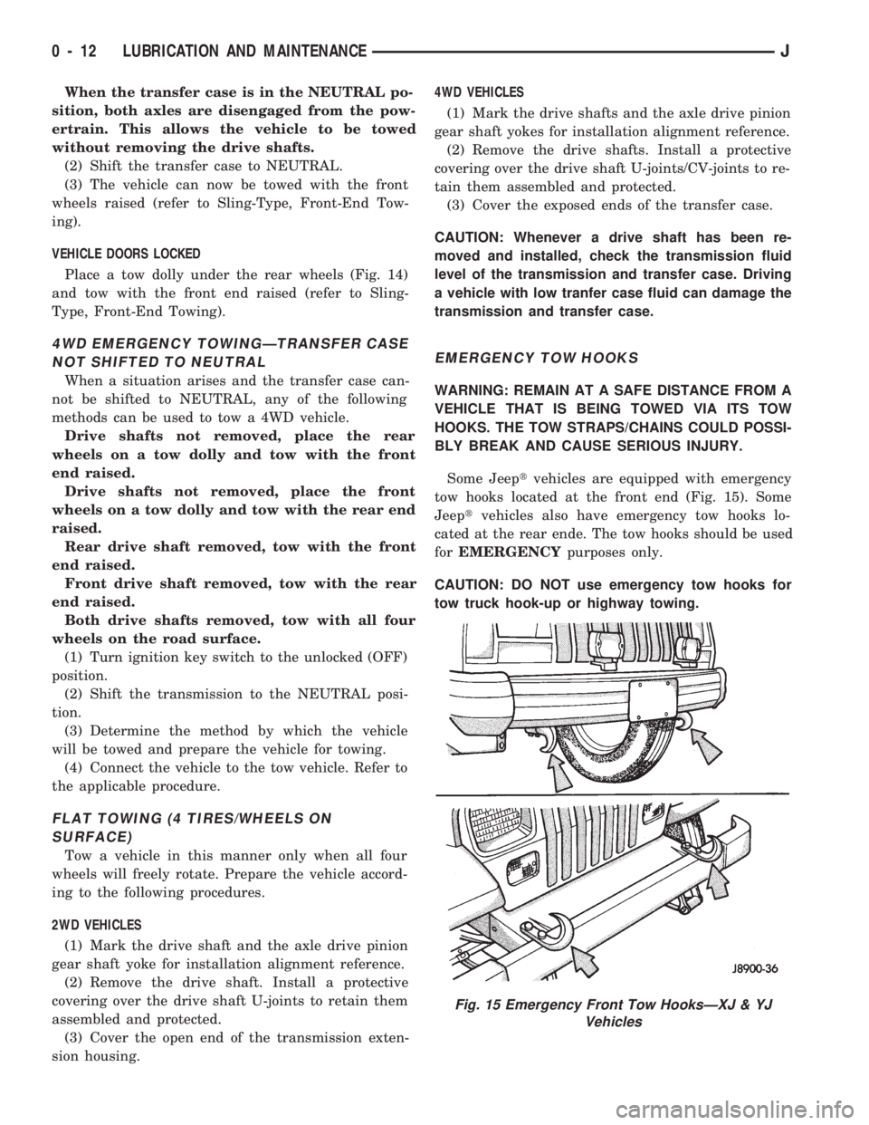 JEEP WRANGLER 1994 Owners Manual Fig. 15 Emergency Front Tow HooksÐXJ & YJ
Vehicles
0 - 12 LUBRICATION AND MAINTENANCEJ 
