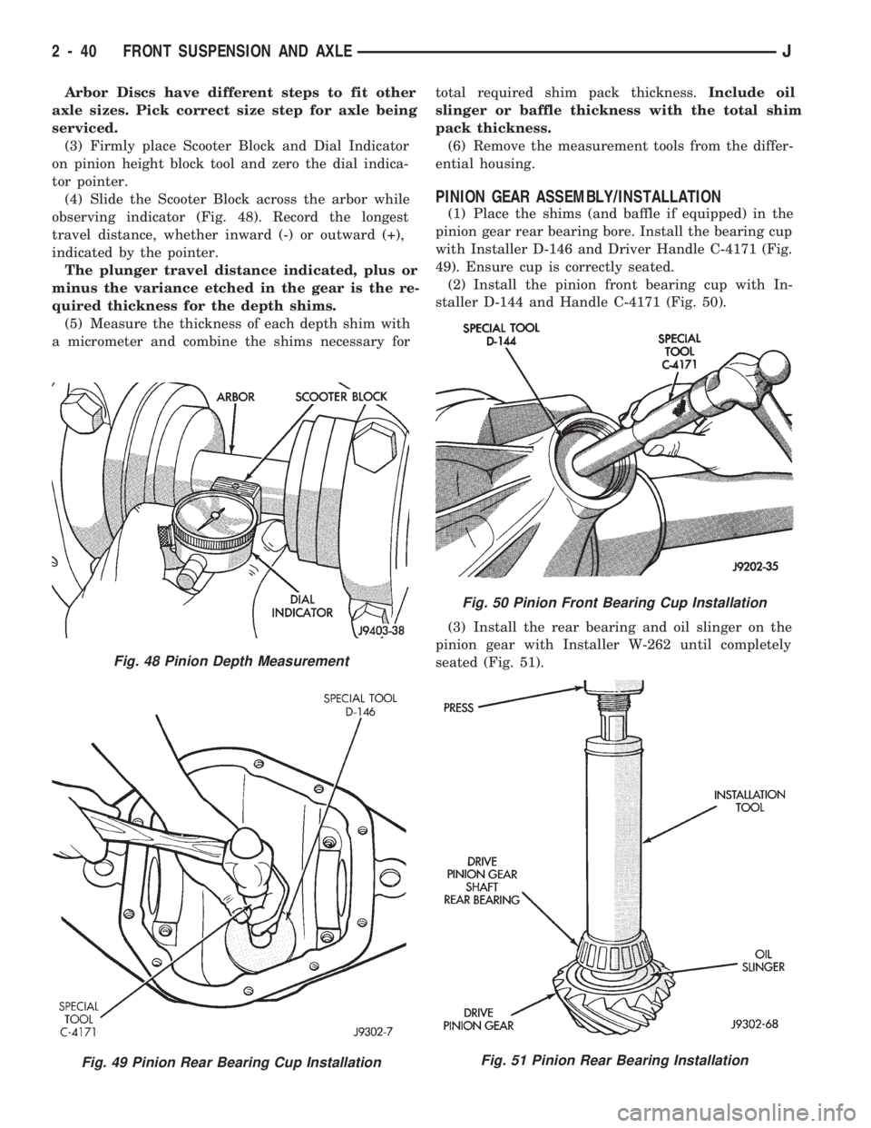 JEEP WRANGLER 1994 Owners Manual Fig. 49 Pinion Rear Bearing Cup Installation
Fig. 50 Pinion Front Bearing Cup Installation
Fig. 51 Pinion Rear Bearing Installation
2 - 40 FRONT SUSPENSION AND AXLEJ JEEP WRANGLER 1994 Owners Manual Fig. 49 Pinion Rear Bearing Cup Installation
Fig. 50 Pinion Front Bearing Cup Installation
Fig. 51 Pinion Rear Bearing Installation
2 - 40 FRONT SUSPENSION AND AXLEJ