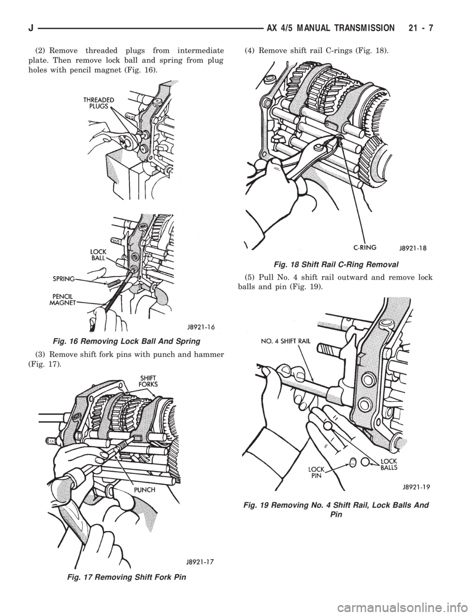 JEEP WRANGLER 1994  Owners Manual Fig. 17 Removing Shift Fork Pin
Fig. 18 Shift Rail C-Ring Removal
Fig. 19 Removing No. 4 Shift Rail, Lock Balls And
Pin
JAX 4/5 MANUAL TRANSMISSION 21 - 7 