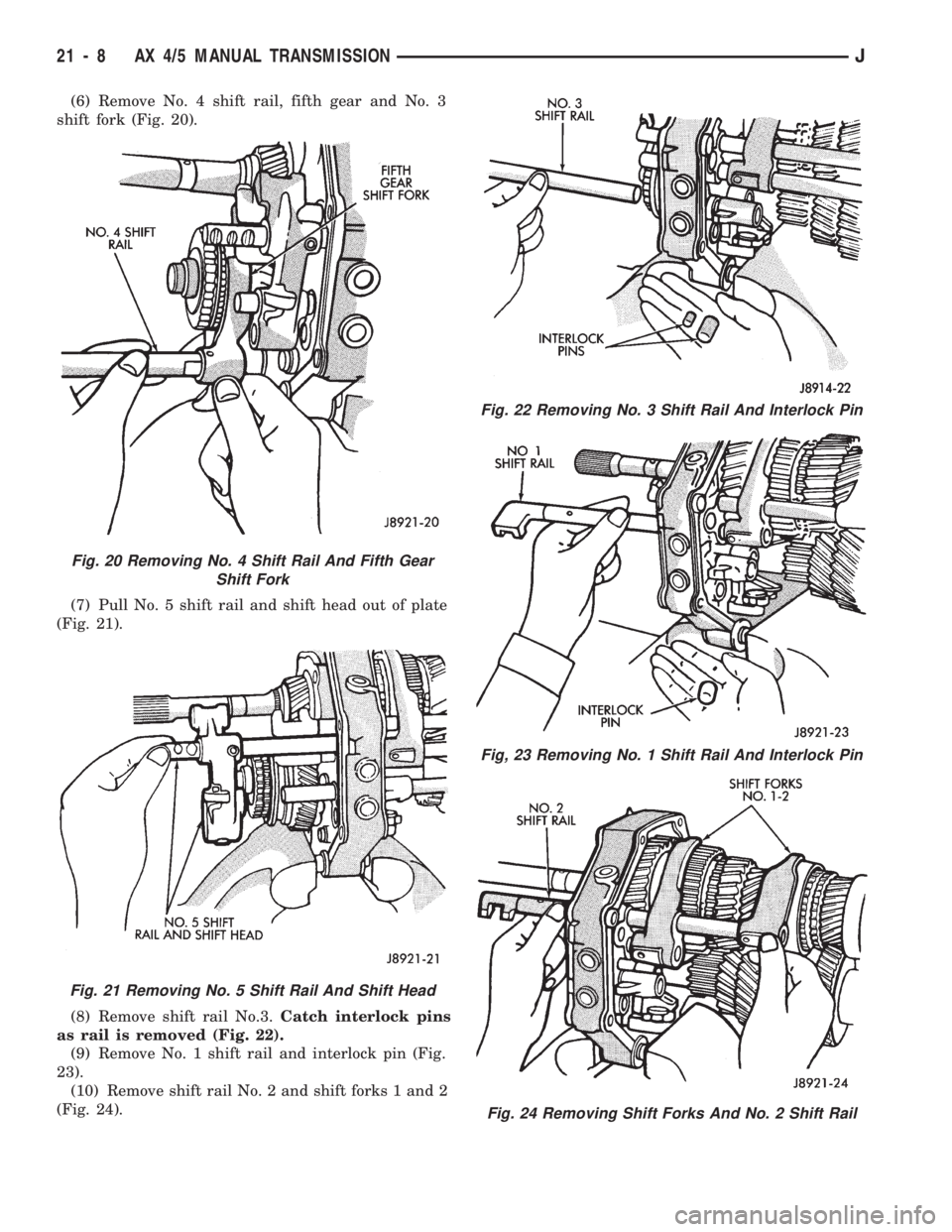 JEEP WRANGLER 1994  Owners Manual Fig. 21 Removing No. 5 Shift Rail And Shift Head
Fig. 22 Removing No. 3 Shift Rail And Interlock Pin
Fig, 23 Removing No. 1 Shift Rail And Interlock Pin
Fig. 24 Removing Shift Forks And No. 2 Shift Ra