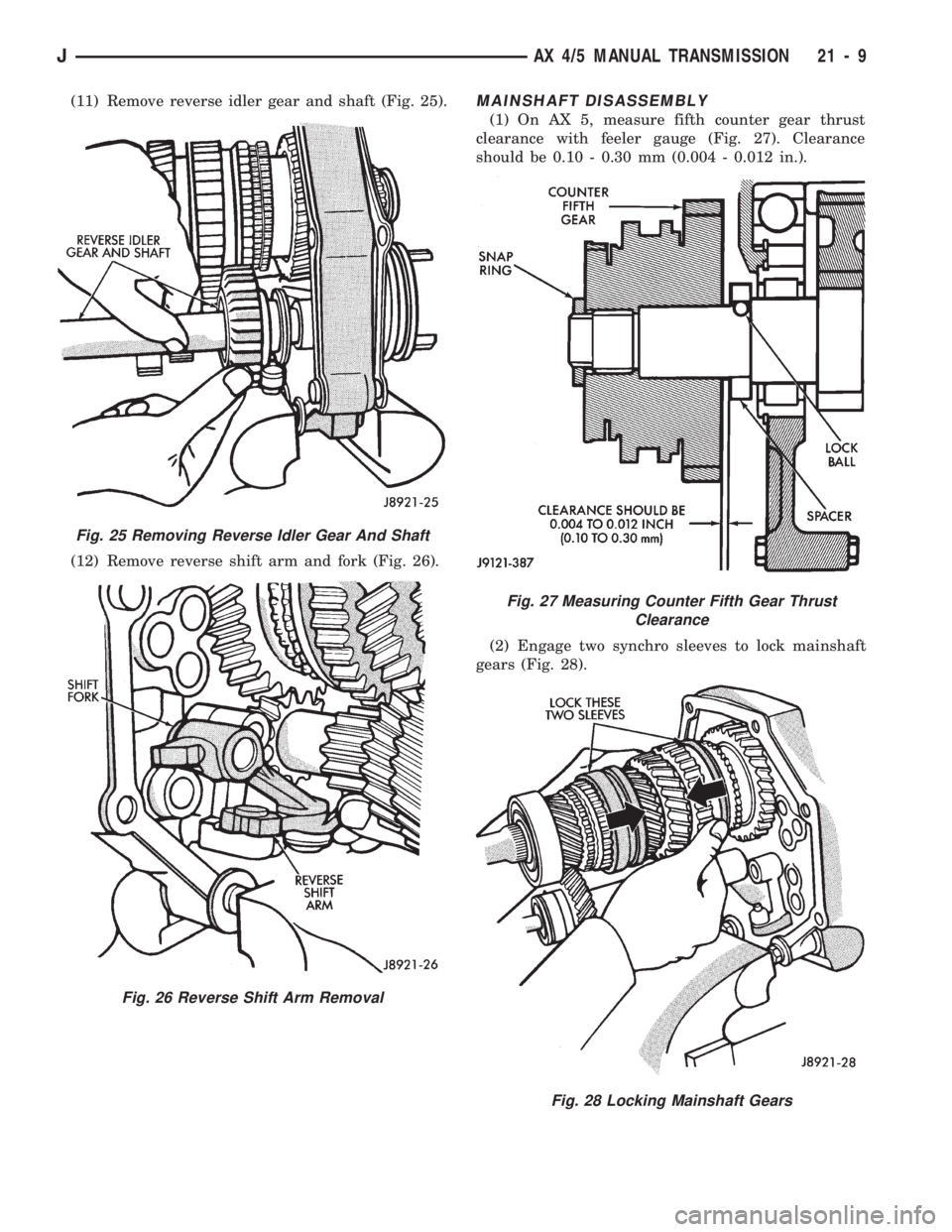 JEEP WRANGLER 1994  Owners Manual Fig. 26 Reverse Shift Arm Removal
Fig. 27 Measuring Counter Fifth Gear Thrust
Clearance
Fig. 28 Locking Mainshaft Gears
JAX 4/5 MANUAL TRANSMISSION 21 - 9 