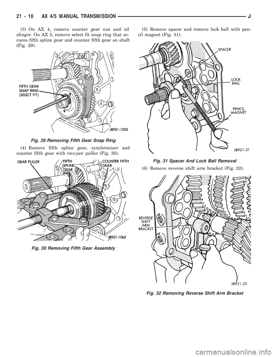 JEEP WRANGLER 1994  Owners Manual Fig. 30 Removing Fifth Gear Assembly
Fig. 31 Spacer And Lock Ball Removal
Fig. 32 Removing Reverse Shift Arm Bracket
21 - 10 AX 4/5 MANUAL TRANSMISSIONJ 