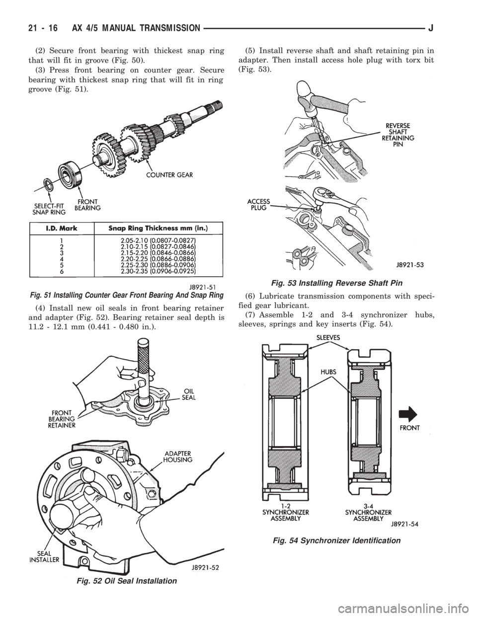 JEEP WRANGLER 1994 Owners Manual Fig. 52 Oil Seal Installation
Fig. 53 Installing Reverse Shaft Pin
Fig. 54 Synchronizer Identification
21 - 16 AX 4/5 MANUAL TRANSMISSIONJ JEEP WRANGLER 1994 Owners Manual Fig. 52 Oil Seal Installation
Fig. 53 Installing Reverse Shaft Pin
Fig. 54 Synchronizer Identification
21 - 16 AX 4/5 MANUAL TRANSMISSIONJ