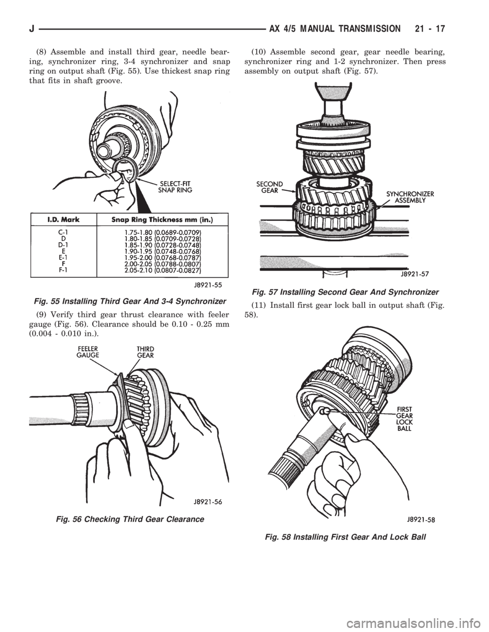 JEEP WRANGLER 1994 Owners Manual Fig. 56 Checking Third Gear Clearance
Fig. 57 Installing Second Gear And Synchronizer
Fig. 58 Installing First Gear And Lock Ball
JAX 4/5 MANUAL TRANSMISSION 21 - 17 JEEP WRANGLER 1994 Owners Manual Fig. 56 Checking Third Gear Clearance
Fig. 57 Installing Second Gear And Synchronizer
Fig. 58 Installing First Gear And Lock Ball
JAX 4/5 MANUAL TRANSMISSION 21 - 17