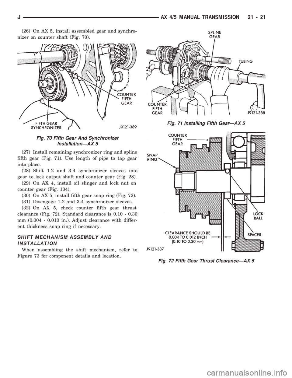 JEEP WRANGLER 1994 Owners Manual Fig. 71 Installing Fifth GearÐAX 5
Fig. 72 Fifth Gear Thrust ClearanceÐAX 5
JAX 4/5 MANUAL TRANSMISSION 21 - 21 JEEP WRANGLER 1994 Owners Manual Fig. 71 Installing Fifth GearÐAX 5
Fig. 72 Fifth Gear Thrust ClearanceÐAX 5
JAX 4/5 MANUAL TRANSMISSION 21 - 21