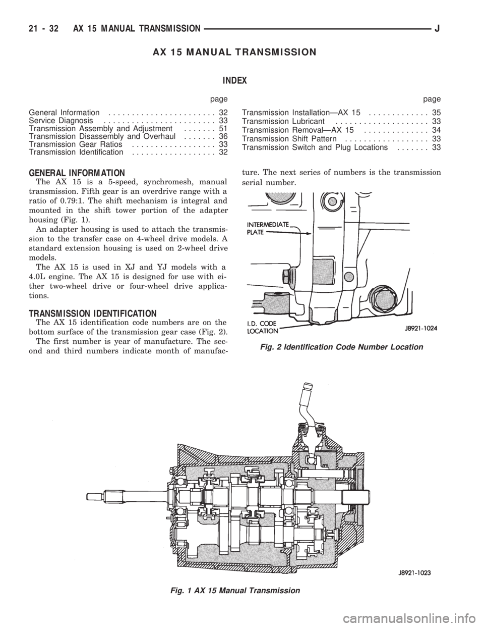 JEEP WRANGLER 1994 Owners Manual Fig. 2 Identification Code Number Location
21 - 32 AX 15 MANUAL TRANSMISSIONJ JEEP WRANGLER 1994 Owners Manual Fig. 2 Identification Code Number Location
21 - 32 AX 15 MANUAL TRANSMISSIONJ