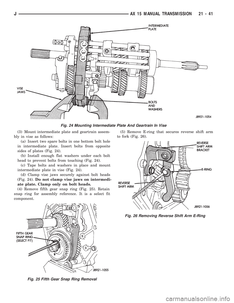 JEEP WRANGLER 1994  Owners Manual Fig. 25 Fifth Gear Snap Ring Removal
Fig. 26 Removing Reverse Shift Arm E-Ring
JAX 15 MANUAL TRANSMISSION 21 - 41 