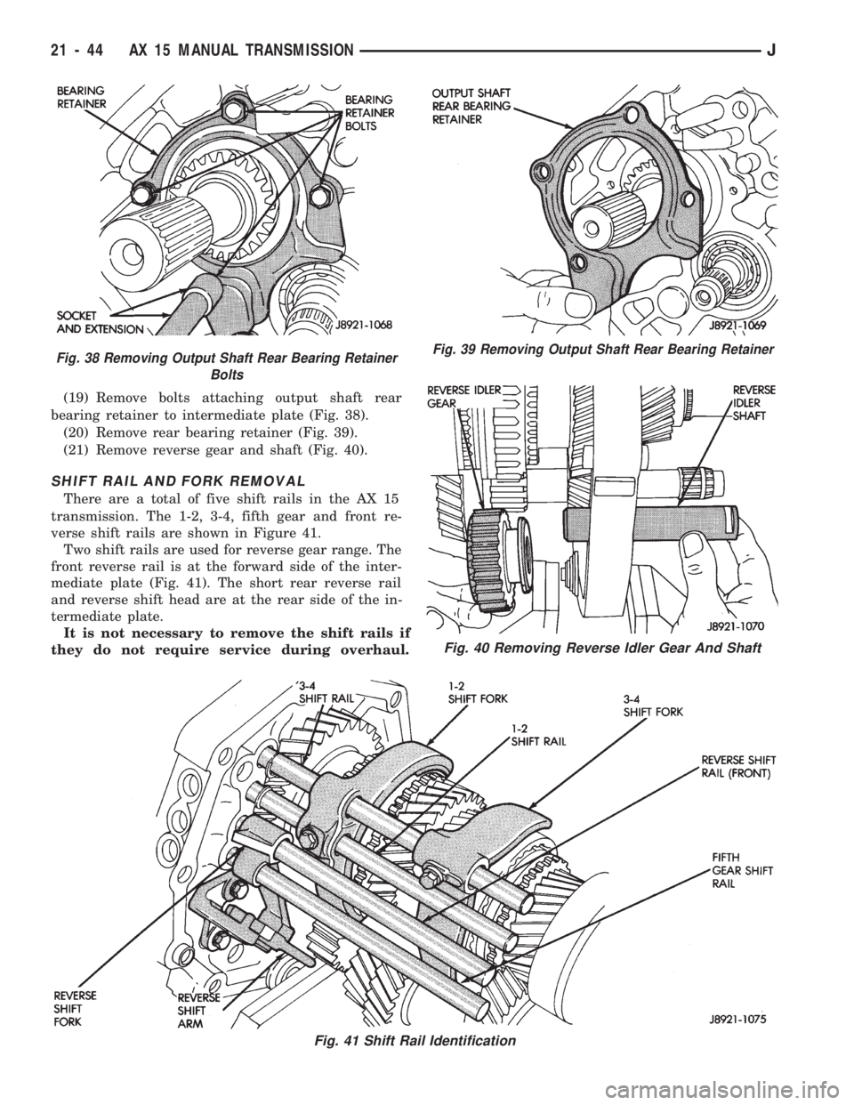 JEEP WRANGLER 1994  Owners Manual Fig. 39 Removing Output Shaft Rear Bearing Retainer
Fig. 40 Removing Reverse Idler Gear And Shaft
Fig. 41 Shift Rail Identification
21 - 44 AX 15 MANUAL TRANSMISSIONJ 