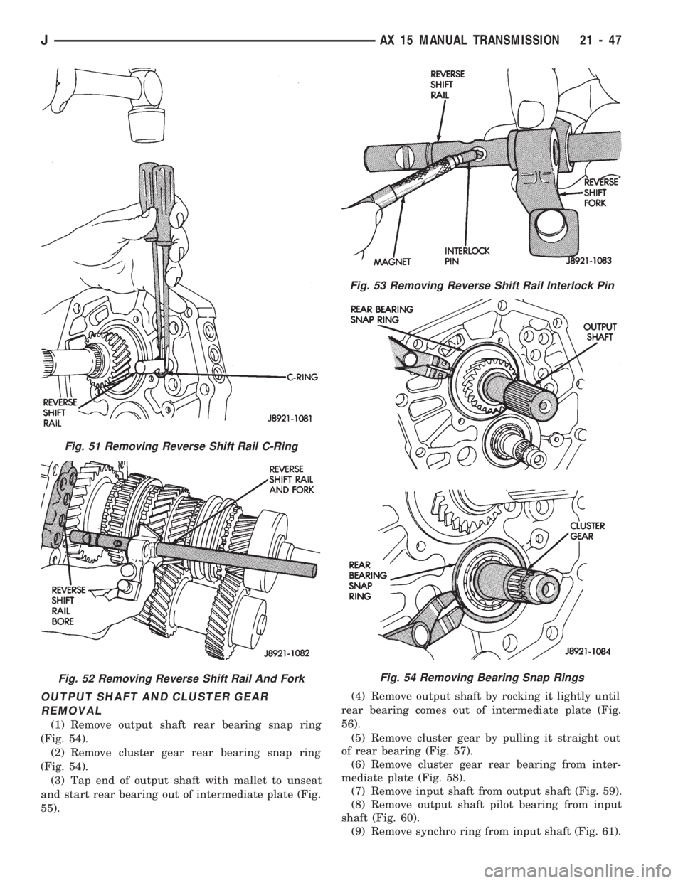 JEEP WRANGLER 1994  Owners Manual Fig. 52 Removing Reverse Shift Rail And Fork
Fig. 53 Removing Reverse Shift Rail Interlock Pin
Fig. 54 Removing Bearing Snap Rings
JAX 15 MANUAL TRANSMISSION 21 - 47 