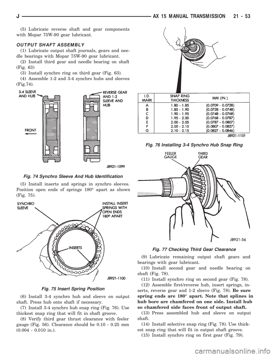 JEEP WRANGLER 1994  Owners Manual Fig. 75 Insert Spring Position
Fig. 76 Installing 3-4 Synchro Hub Snap Ring
Fig. 77 Checking Third Gear Clearance
JAX 15 MANUAL TRANSMISSION 21 - 53 