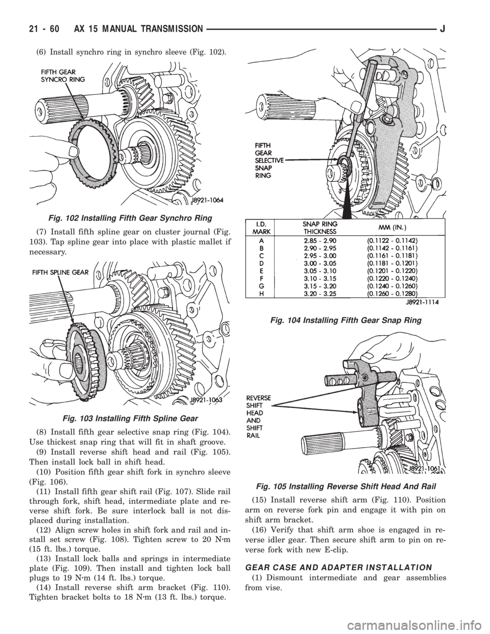 JEEP WRANGLER 1994  Owners Manual Fig. 105 Installing Reverse Shift Head And Rail
Fig. 102 Installing Fifth Gear Synchro Ring
Fig. 103 Installing Fifth Spline Gear
21 - 60 AX 15 MANUAL TRANSMISSIONJ 
