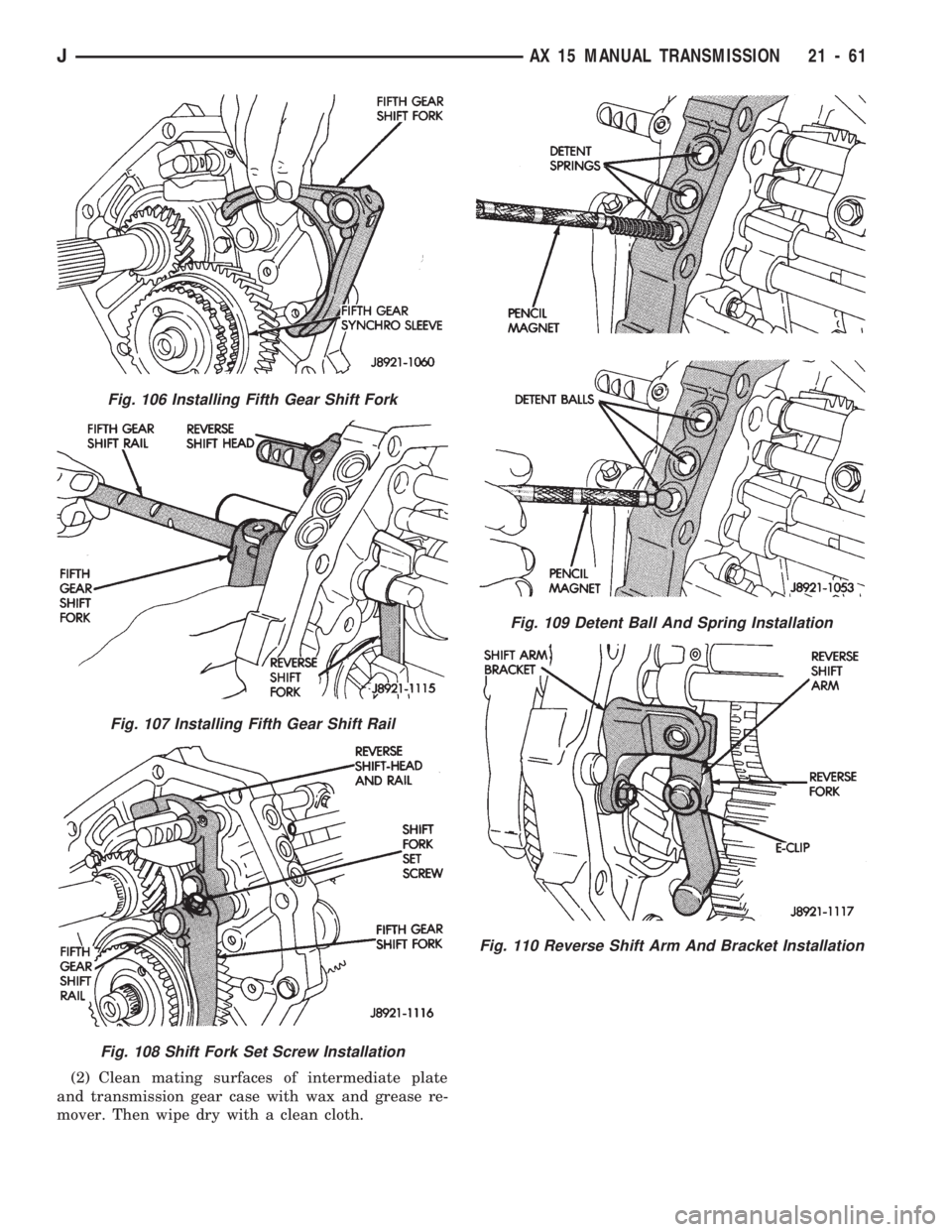 JEEP WRANGLER 1994 Owners Manual Fig. 107 Installing Fifth Gear Shift Rail
Fig. 108 Shift Fork Set Screw Installation
Fig. 109 Detent Ball And Spring Installation
Fig. 110 Reverse Shift Arm And Bracket Installation
JAX 15 MANUAL TRAN JEEP WRANGLER 1994 Owners Manual Fig. 107 Installing Fifth Gear Shift Rail
Fig. 108 Shift Fork Set Screw Installation
Fig. 109 Detent Ball And Spring Installation
Fig. 110 Reverse Shift Arm And Bracket Installation
JAX 15 MANUAL TRAN