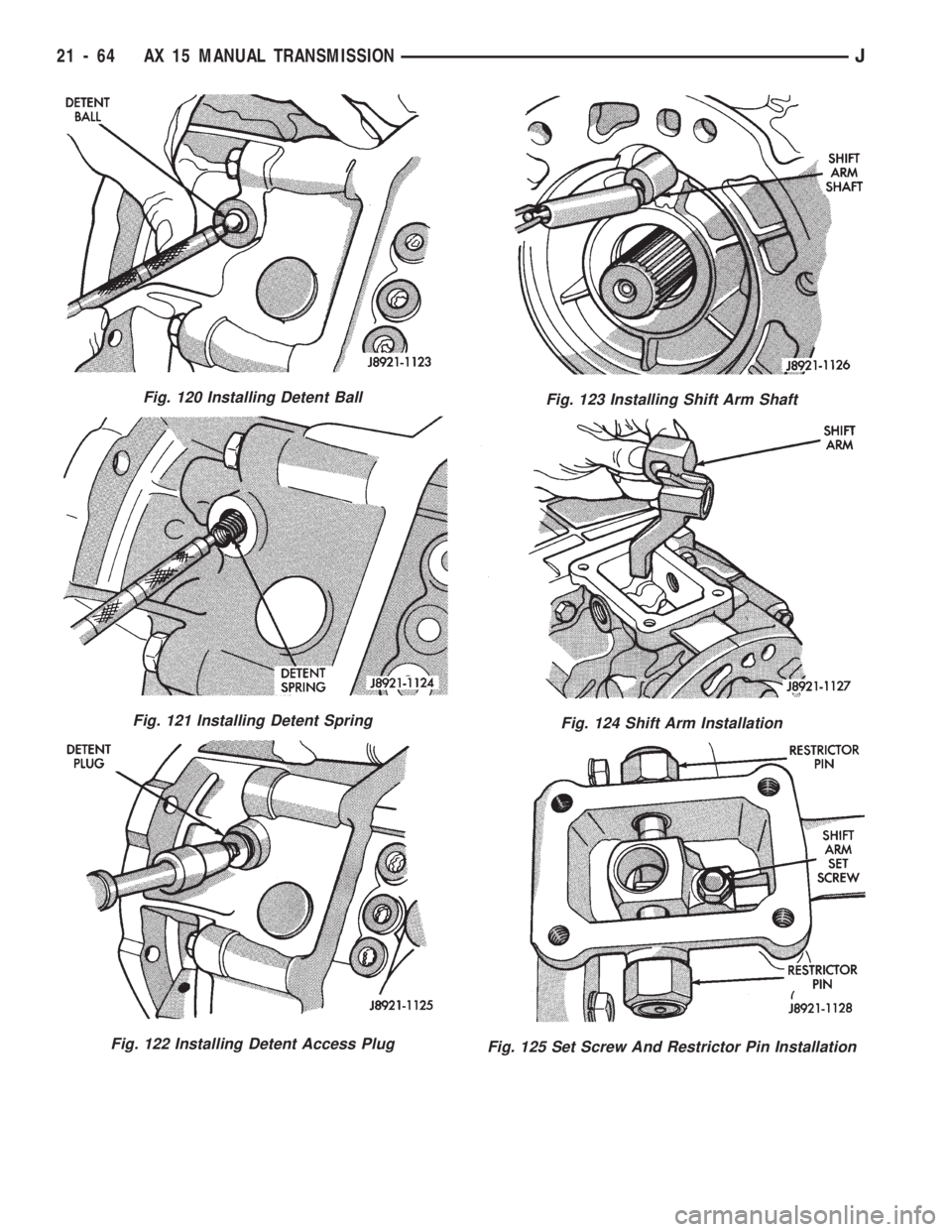 JEEP WRANGLER 1994 Owners Manual Fig. 121 Installing Detent Spring
Fig. 122 Installing Detent Access Plug
Fig. 123 Installing Shift Arm Shaft
Fig. 124 Shift Arm Installation
Fig. 125 Set Screw And Restrictor Pin Installation
21 - 64 JEEP WRANGLER 1994 Owners Manual Fig. 121 Installing Detent Spring
Fig. 122 Installing Detent Access Plug
Fig. 123 Installing Shift Arm Shaft
Fig. 124 Shift Arm Installation
Fig. 125 Set Screw And Restrictor Pin Installation
21 - 64