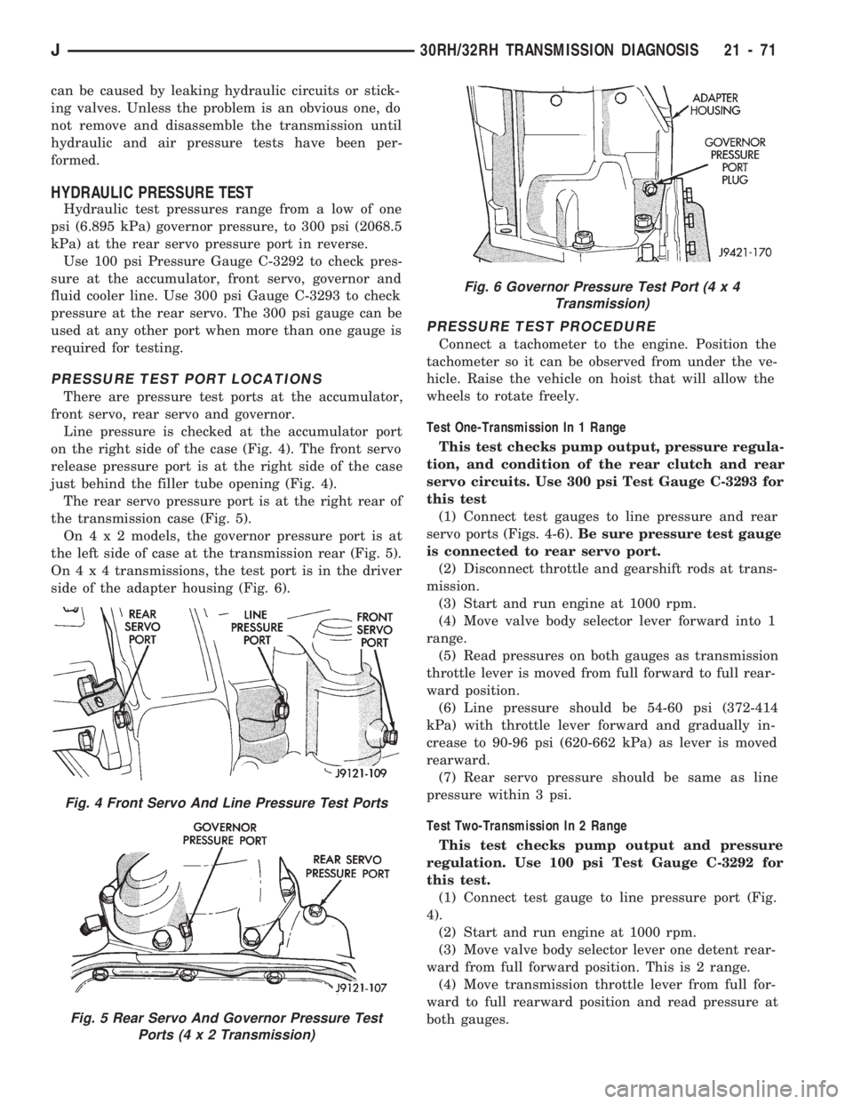 JEEP WRANGLER 1994 Owners Manual Fig. 5 Rear Servo And Governor Pressure Test
Ports (4 x 2 Transmission)
Fig. 6 Governor Pressure Test Port (4 x 4
Transmission)
J30RH/32RH TRANSMISSION DIAGNOSIS 21 - 71 JEEP WRANGLER 1994 Owners Manual Fig. 5 Rear Servo And Governor Pressure Test
Ports (4 x 2 Transmission)
Fig. 6 Governor Pressure Test Port (4 x 4
Transmission)
J30RH/32RH TRANSMISSION DIAGNOSIS 21 - 71